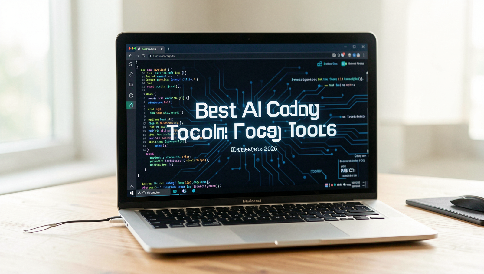 A professional editorial photo showcasing top AI coding tools for developers in 2026.