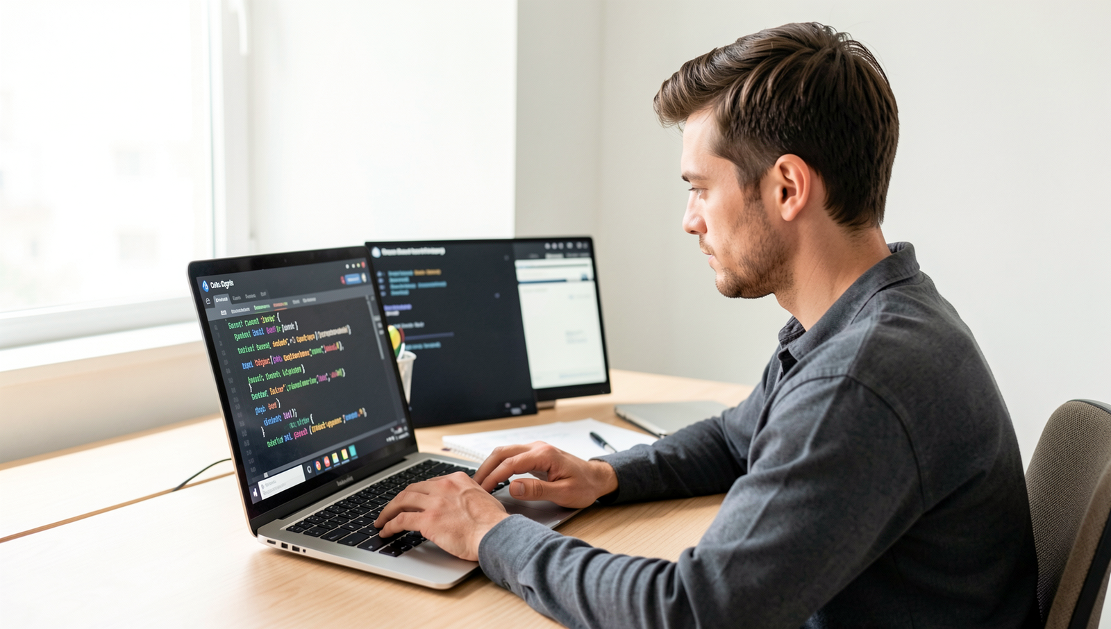 Developer using an AI debugging tool to fix code in a modern workspace.