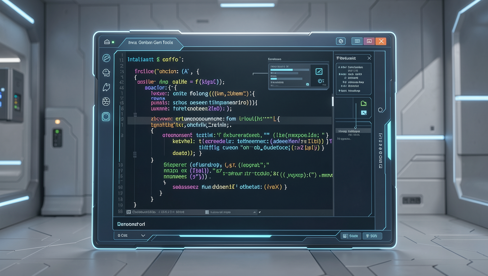 Futuristic interface displaying AI-generated code in a professional setting.