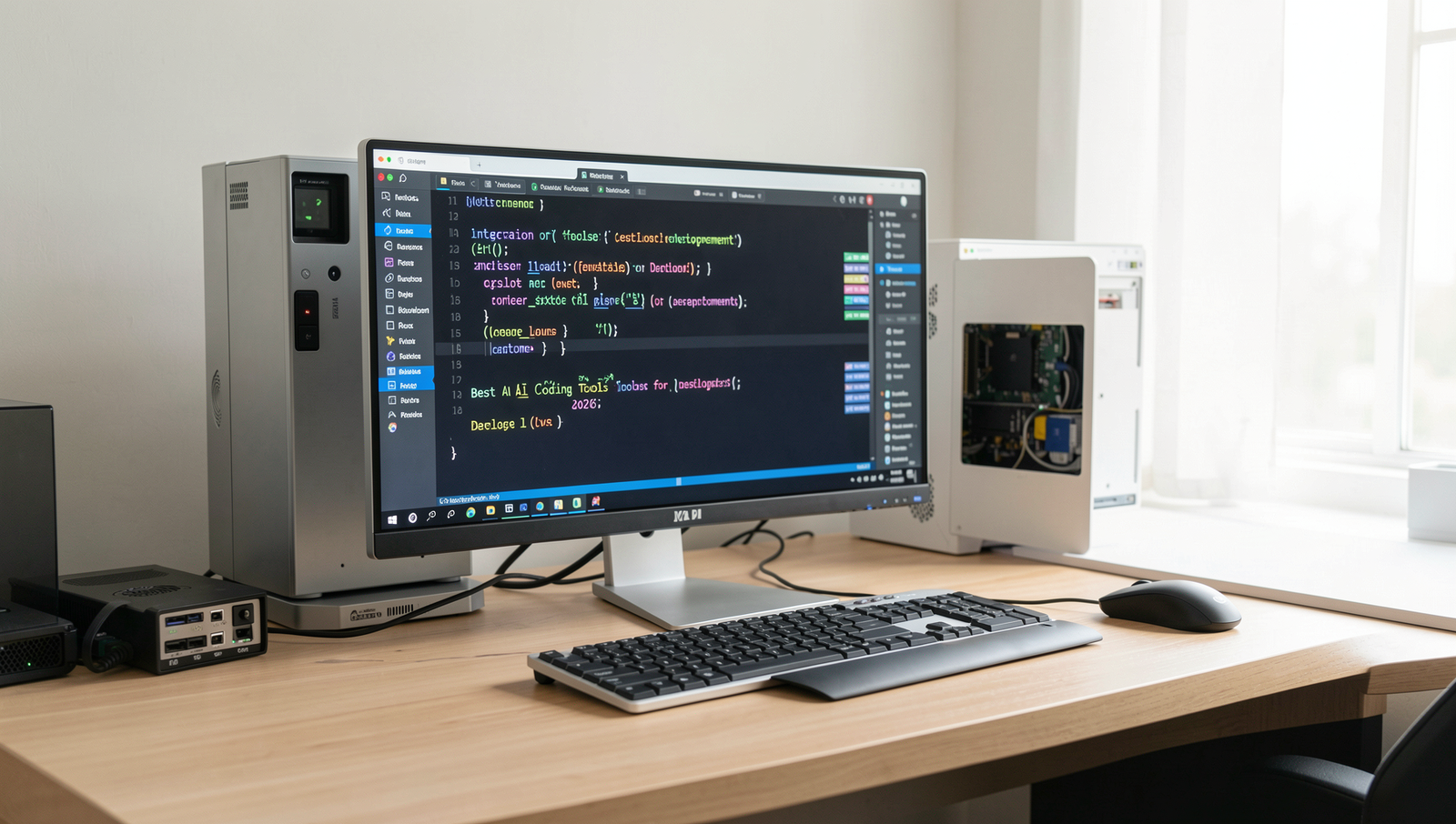 Developer's workspace featuring advanced AI coding tools and natural lighting.