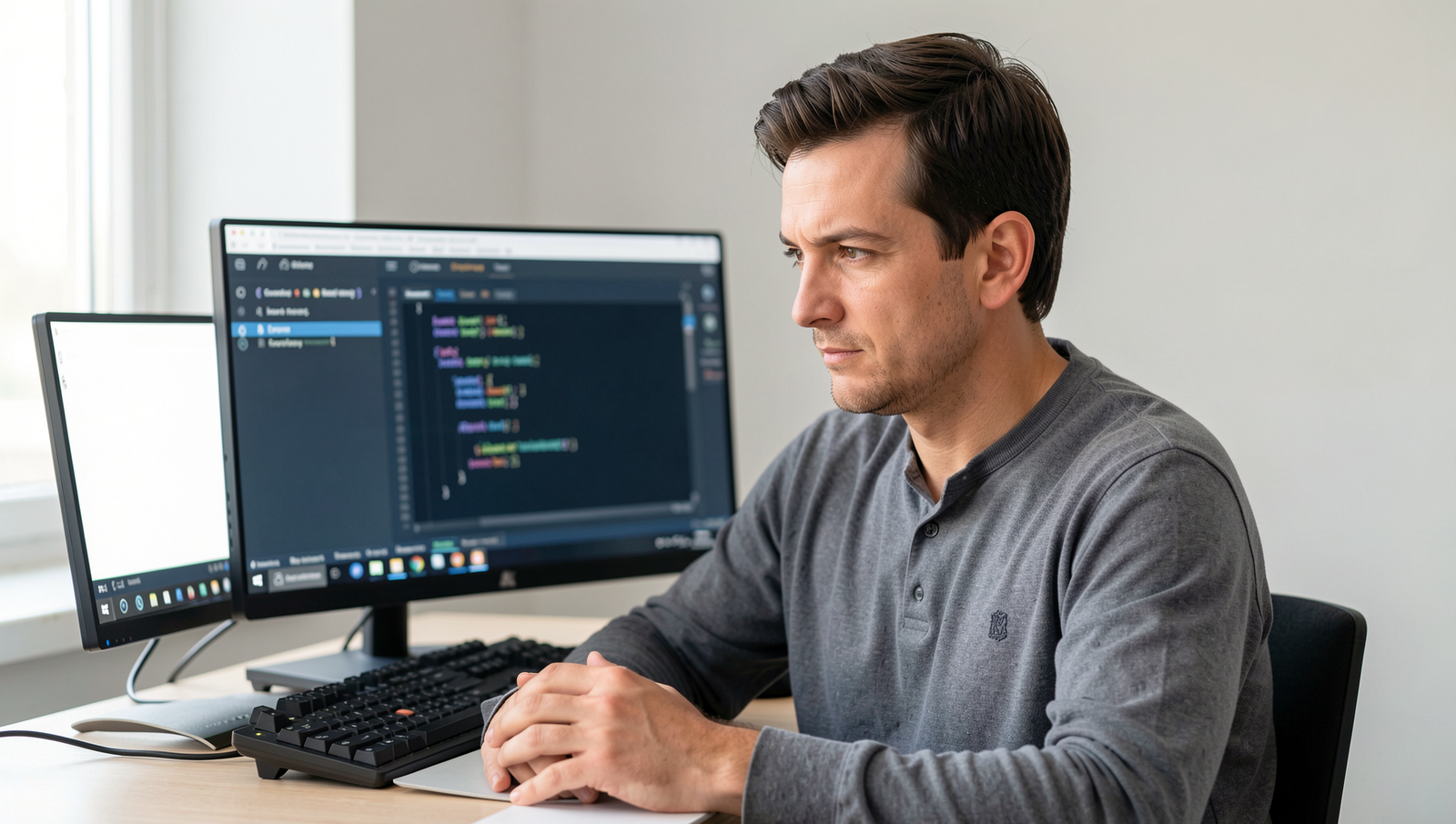 Developer pondering various code editors in a well-lit workspace