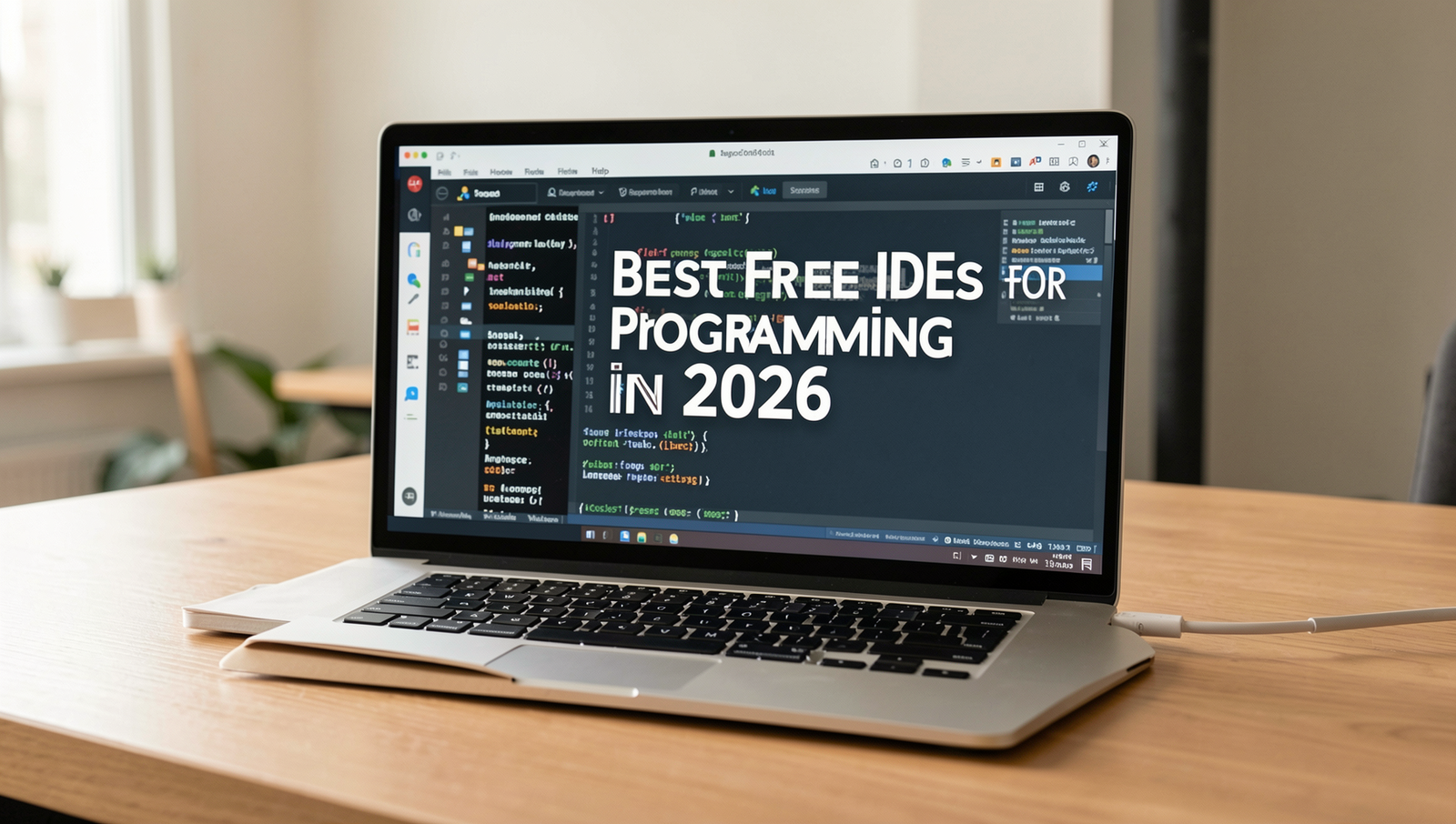 A collection of laptops showcasing various free IDEs for programming in a modern workspace.