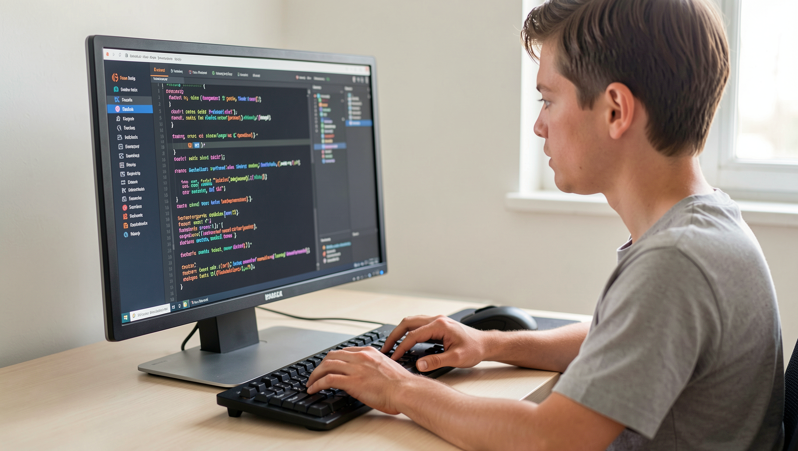 A beginner coding at a computer with an IDE open, showcasing a realistic workspace.