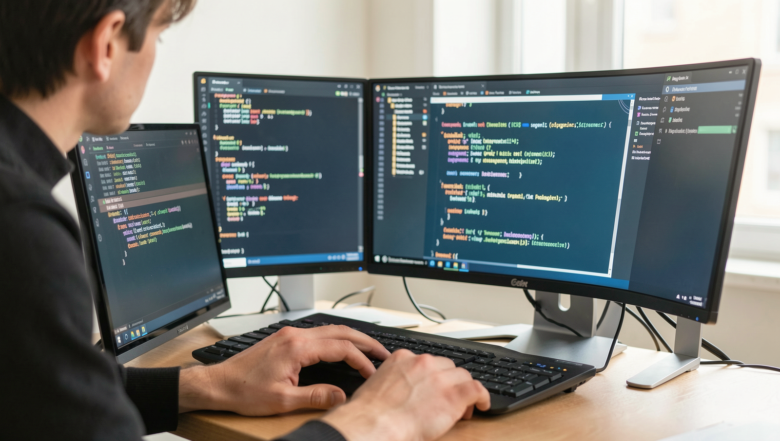 Intermediate programmer coding on multiple screens in a modern workspace