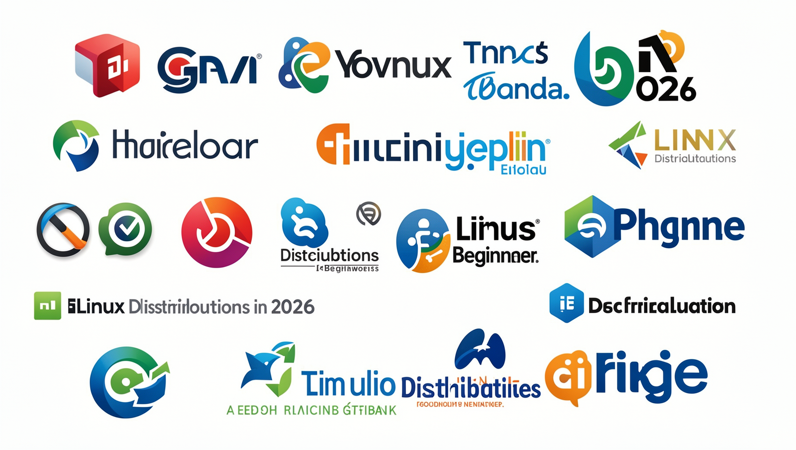 Collage of logos from popular Linux distributions for beginners in 2026.