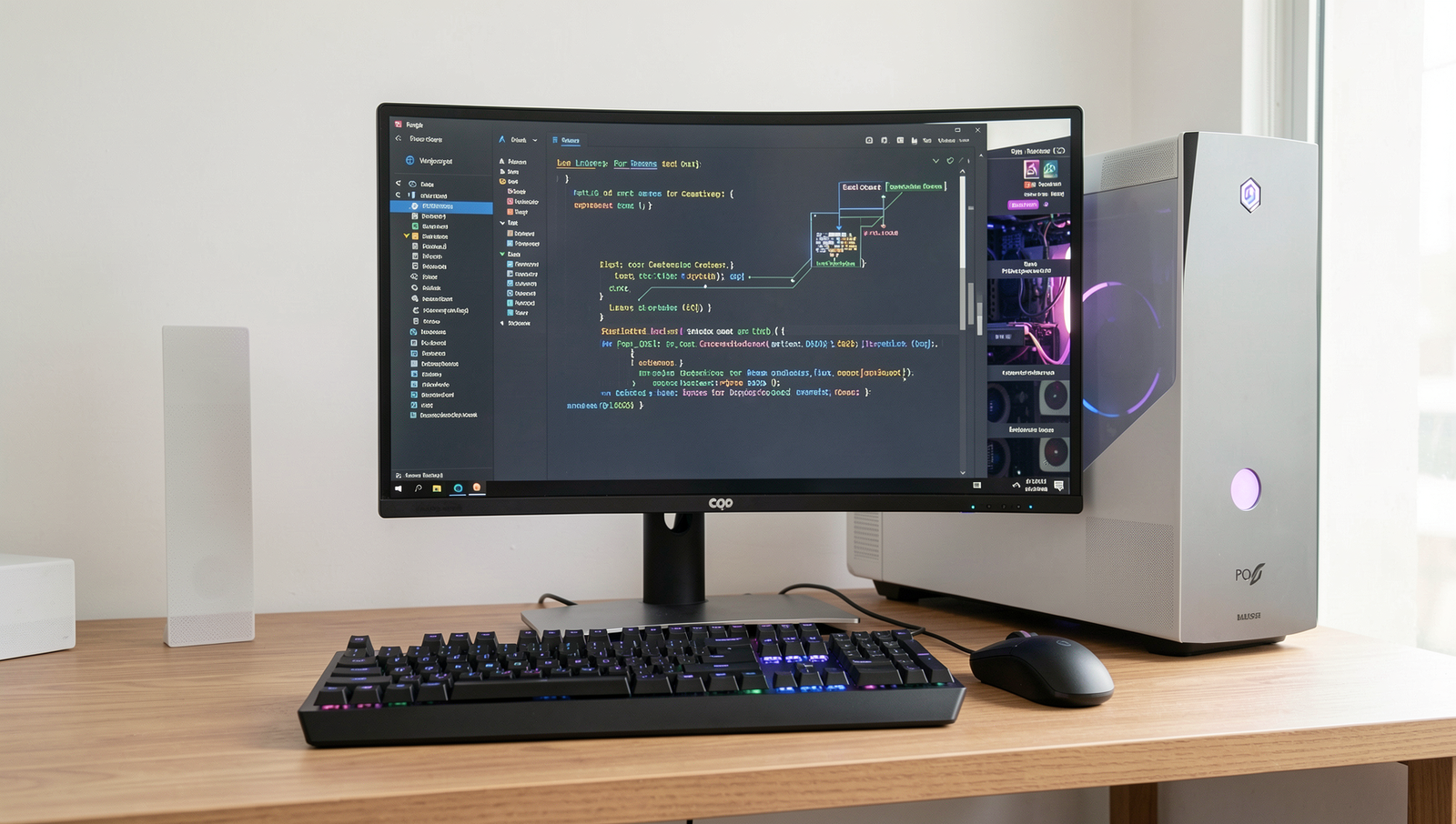Photorealistic screenshot of a Pop!_OS gaming setup showcasing its interface and features.