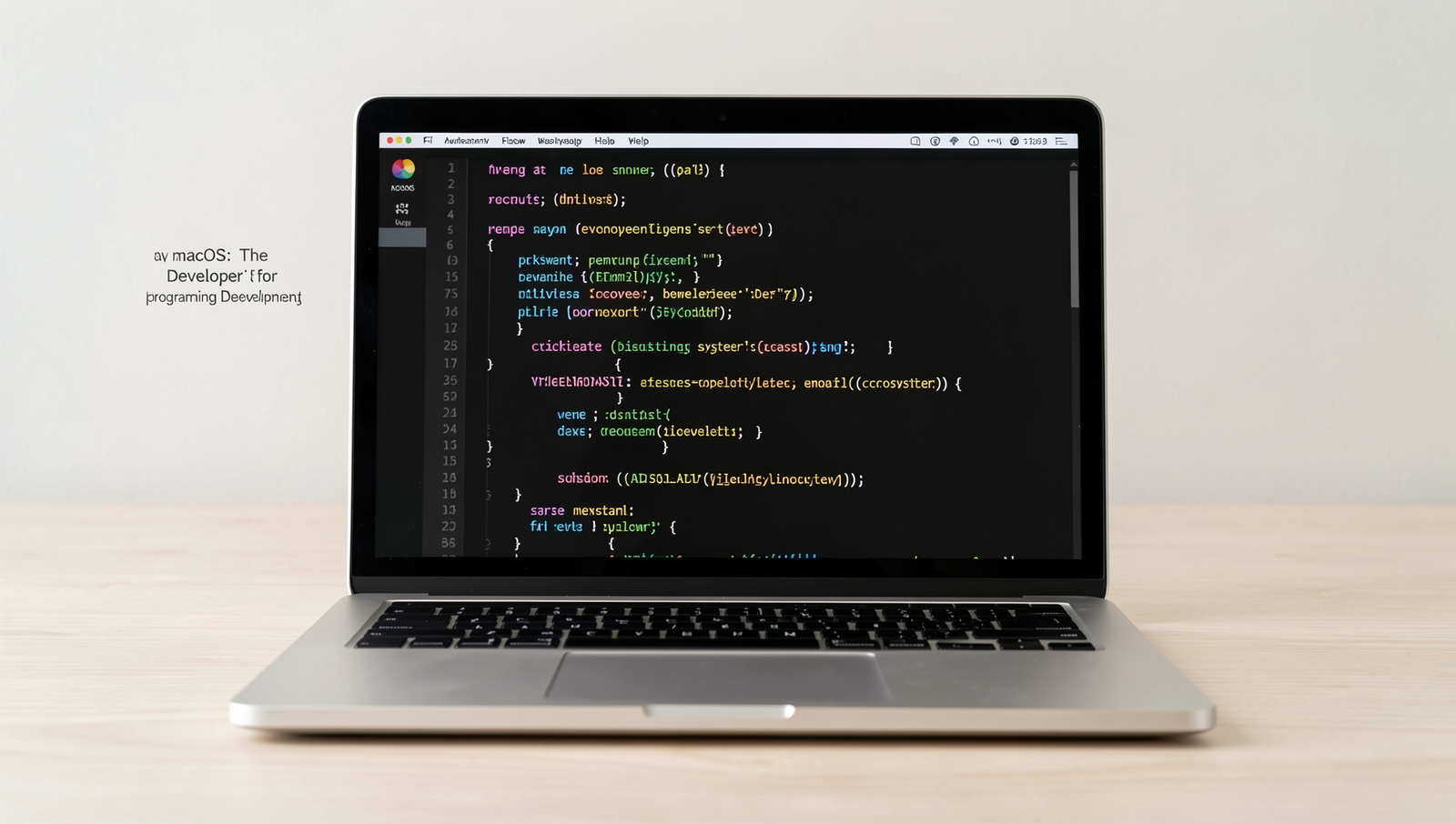 A MacBook displaying code on the screen in a well-lit environment.