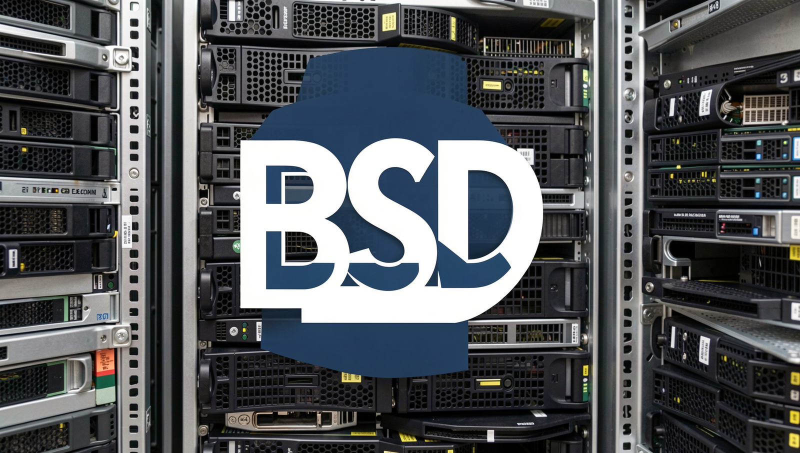 Photorealistic BSD logo with server hardware background, showcasing technical detail.