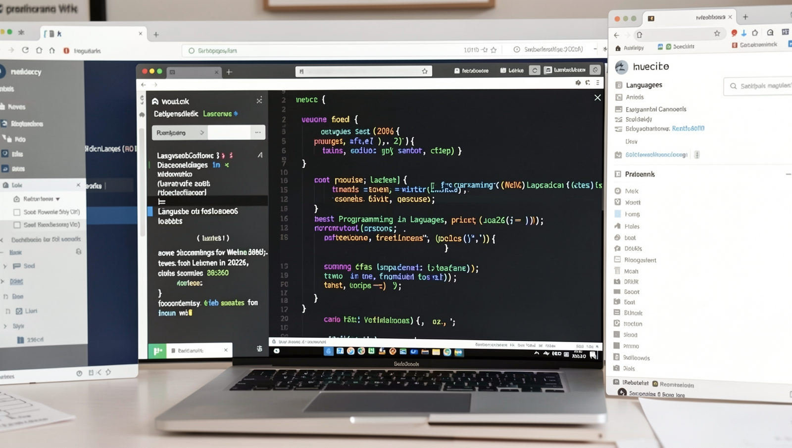 A detailed web development scene featuring code snippets and browser windows.