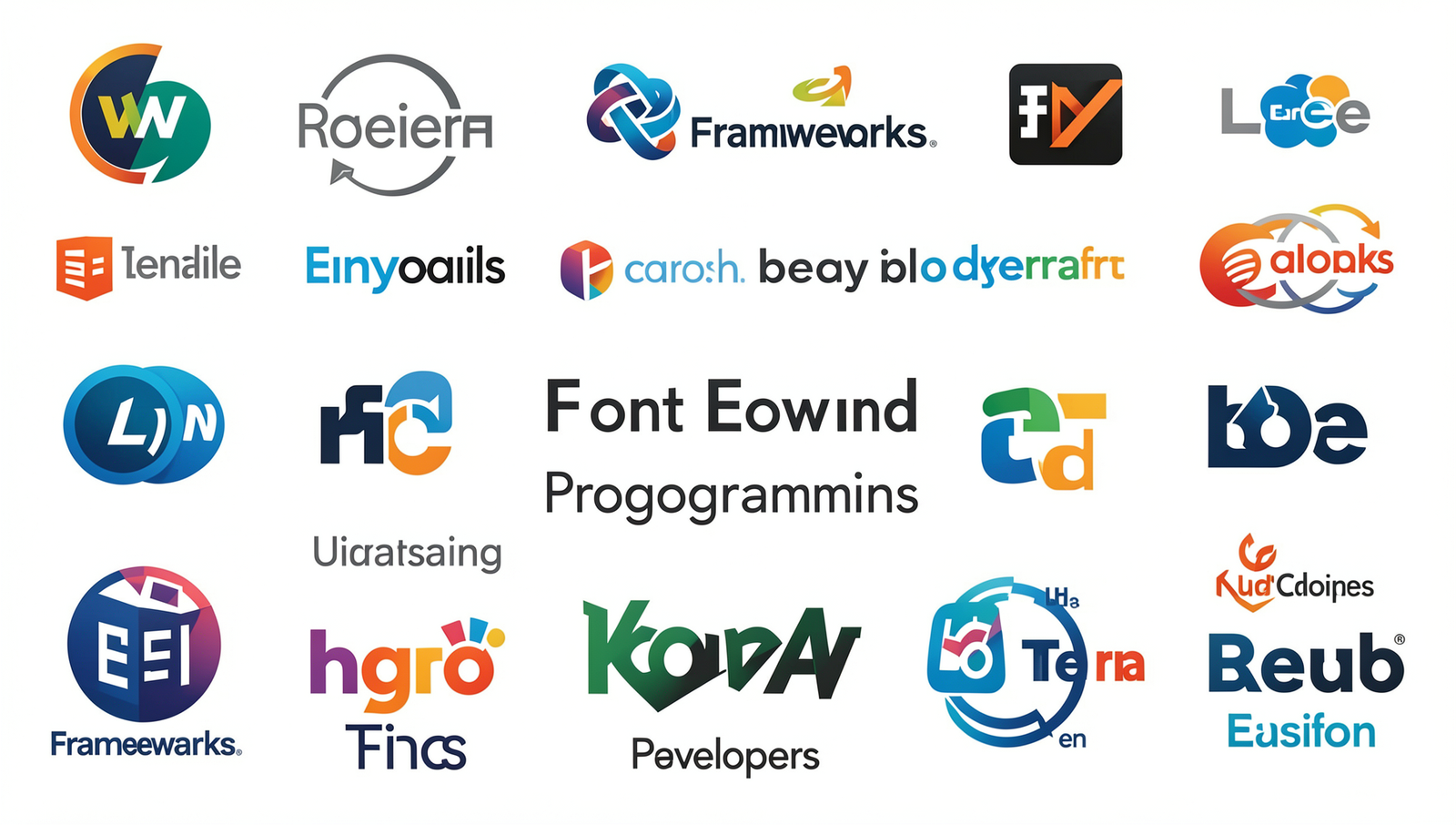 Collage of logos from popular front-end frameworks and libraries for web development.