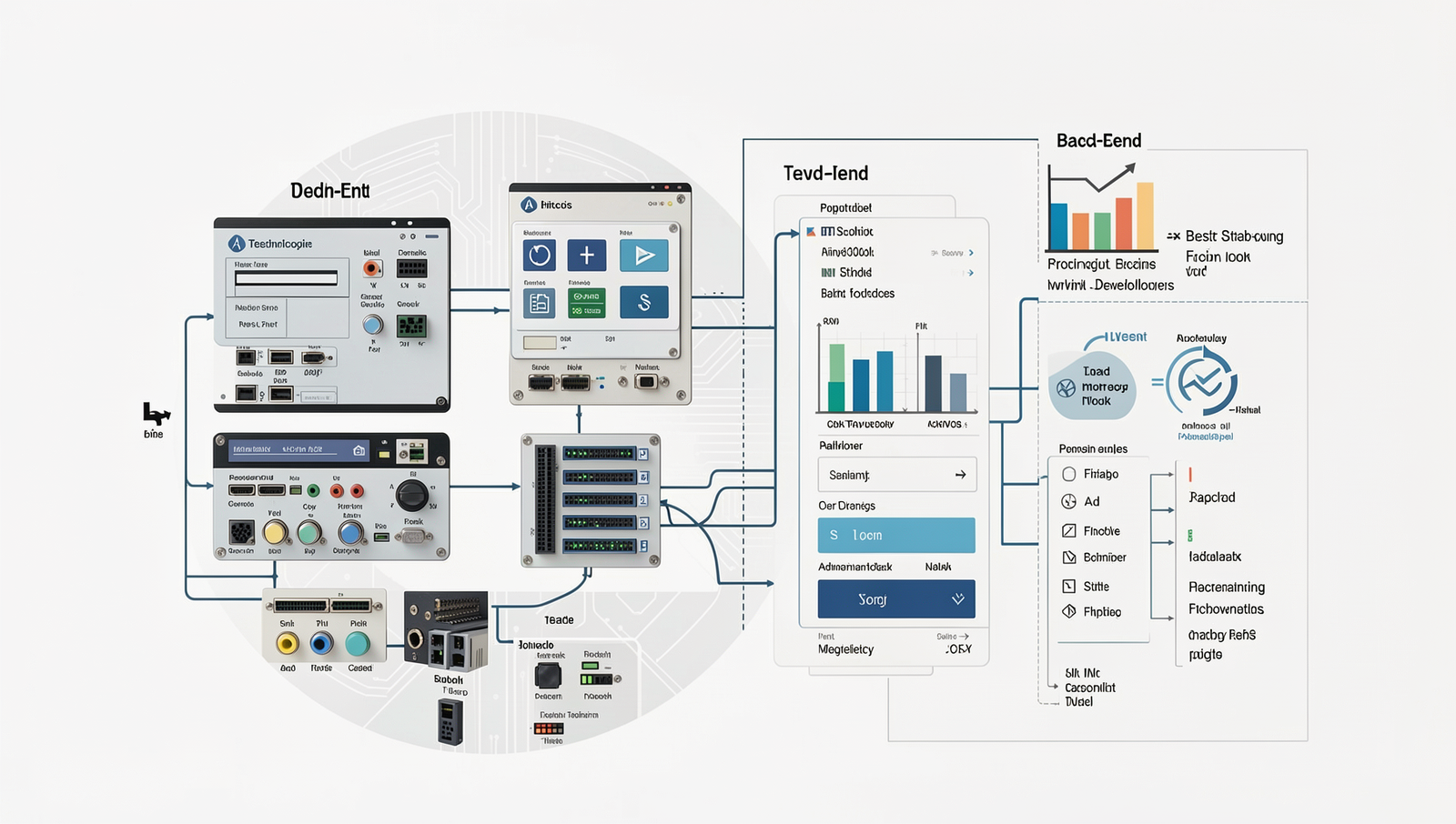 A detailed illustration of various back-end technologies for web development.
