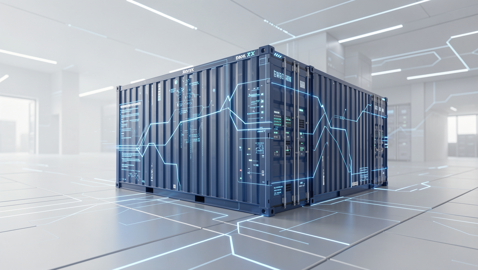 Futuristic representation of containerization and virtualization technologies.