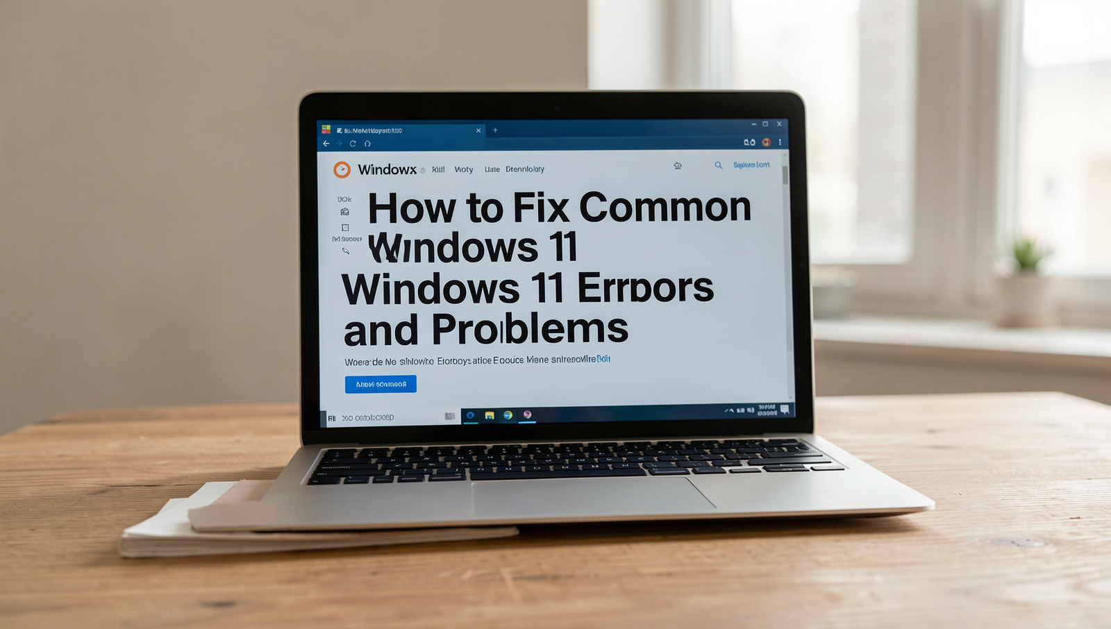 A professional setup showcasing a person troubleshooting Windows 11 errors on a laptop.