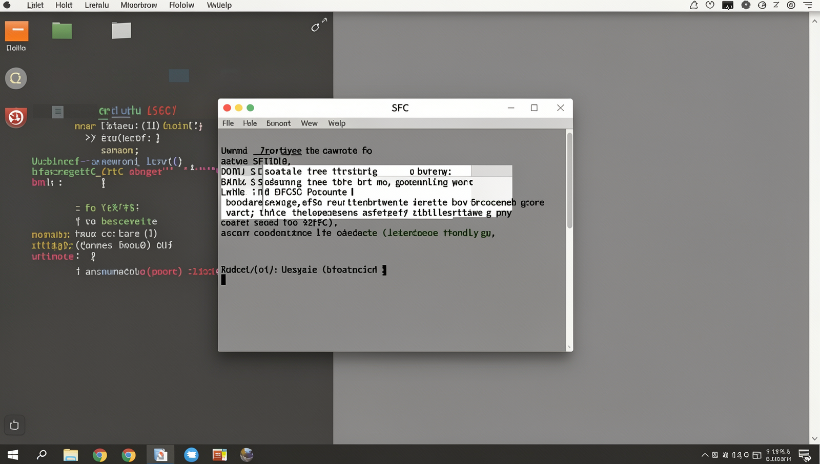 Photorealistic command prompt window displaying SFC command on a Linux desktop.