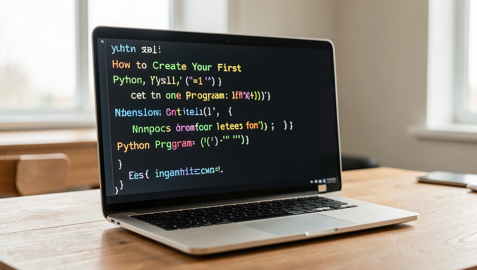 A programmer creating their first Python program on a laptop in a cozy workspace.