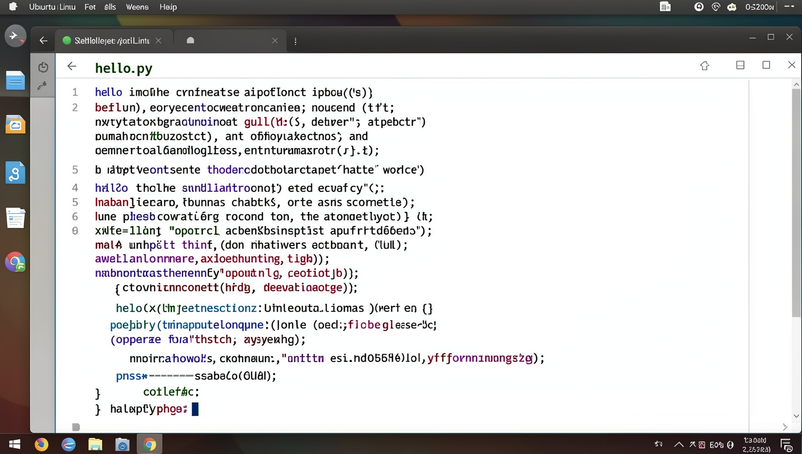 Screenshot of a Linux terminal displaying the hello.py Python code.