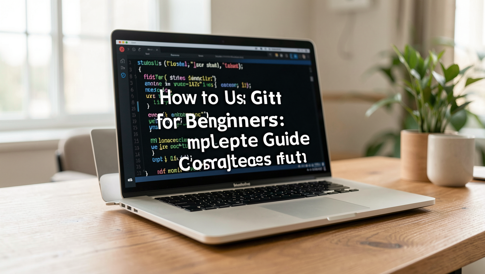 A beginner-friendly workspace showcasing Git usage with a laptop and coding materials.