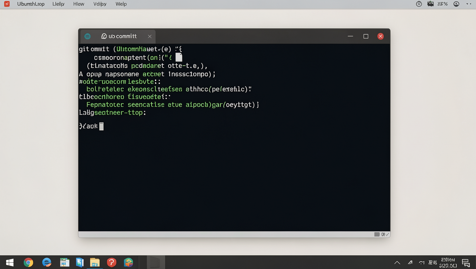 Photorealistic terminal displaying the 'git commit' command with a commit message.
