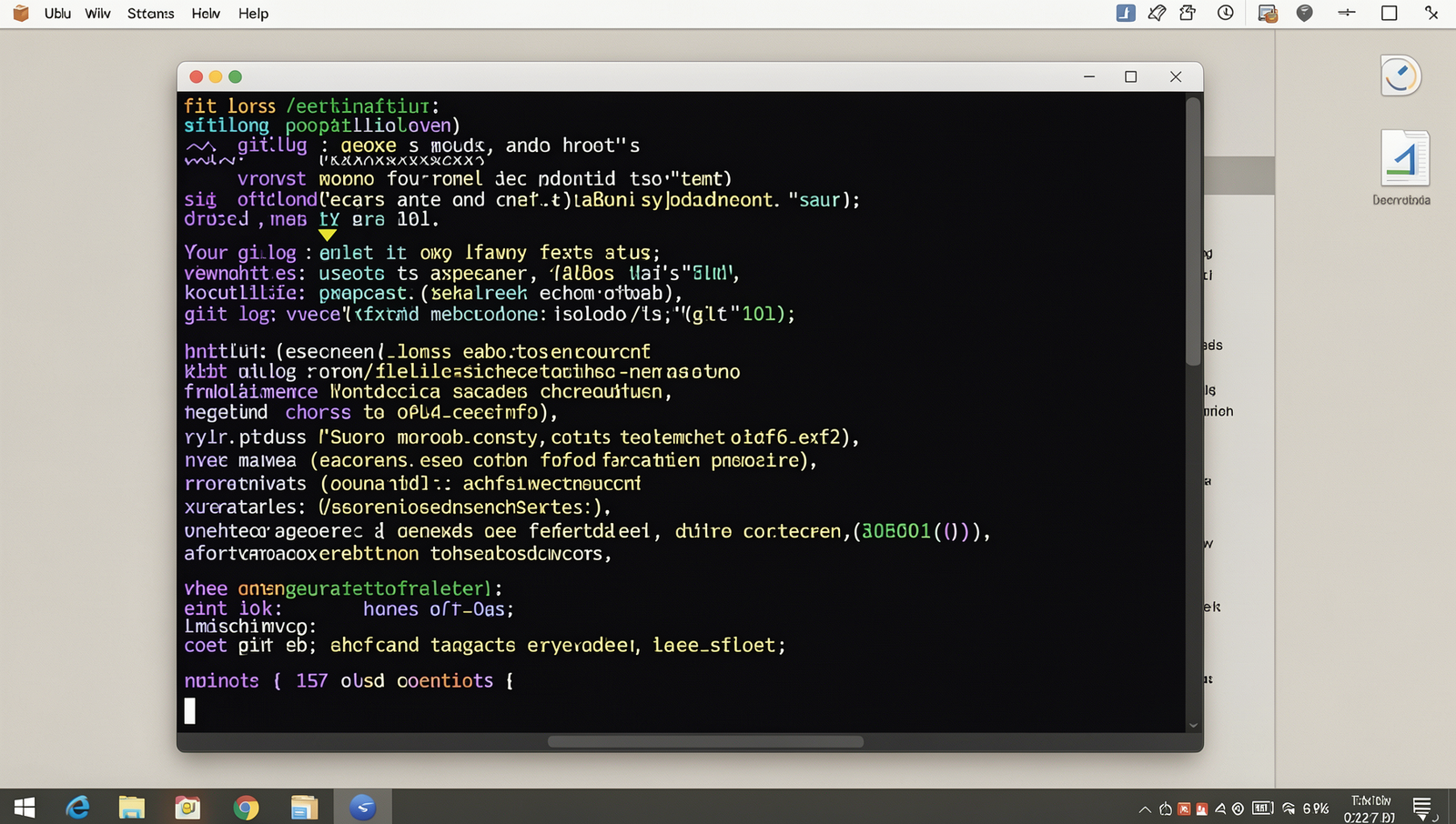 Photorealistic terminal showing output of the git log command on a Linux desktop.