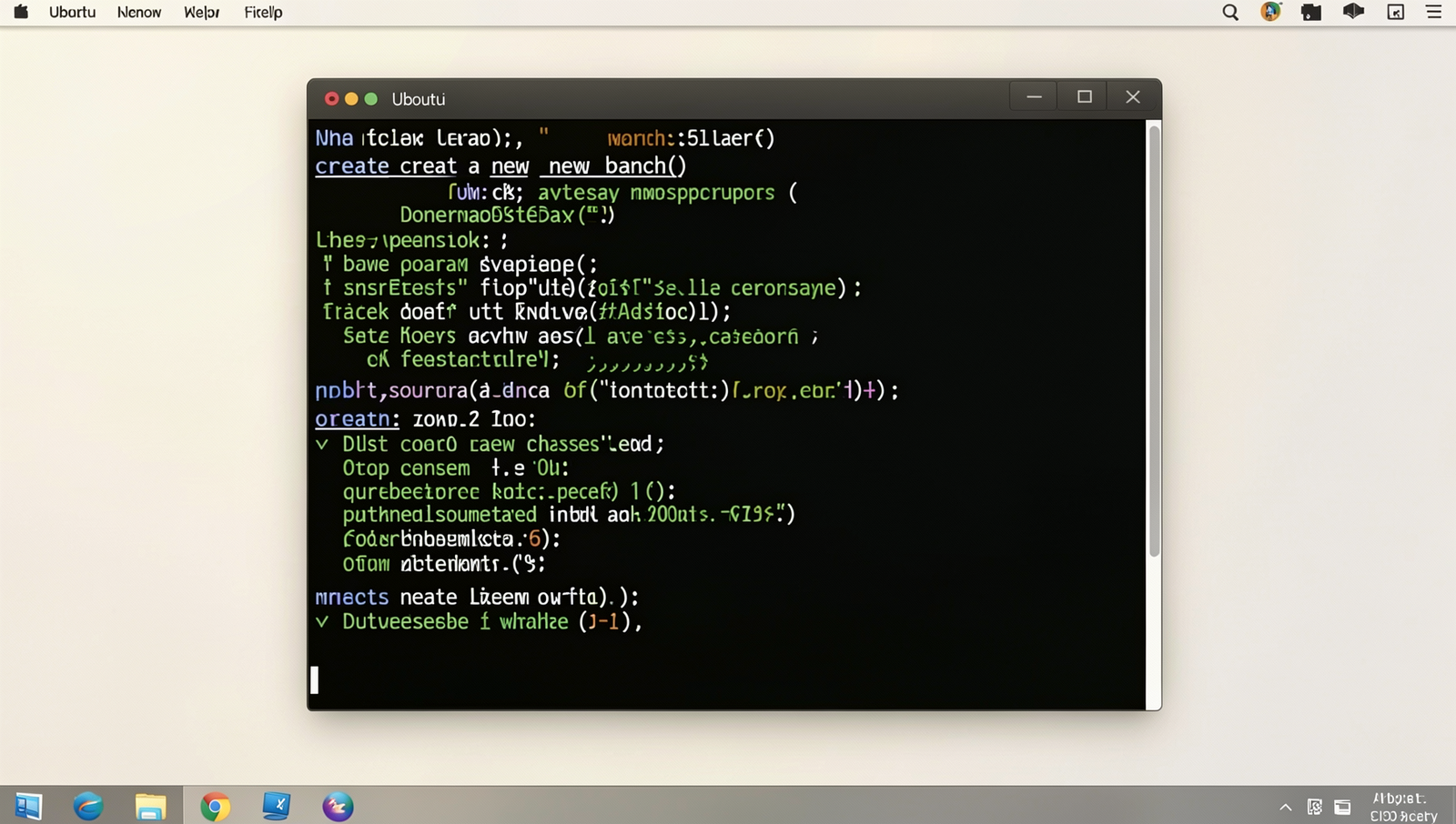 Photorealistic terminal displaying command to create a new branch in Linux.