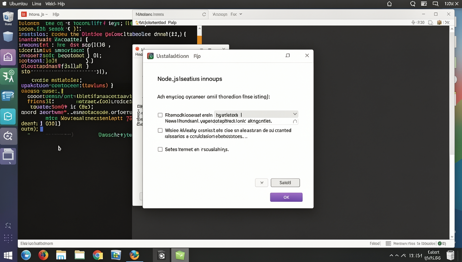 Screenshot of Node.js installation wizard on a Linux desktop environment.