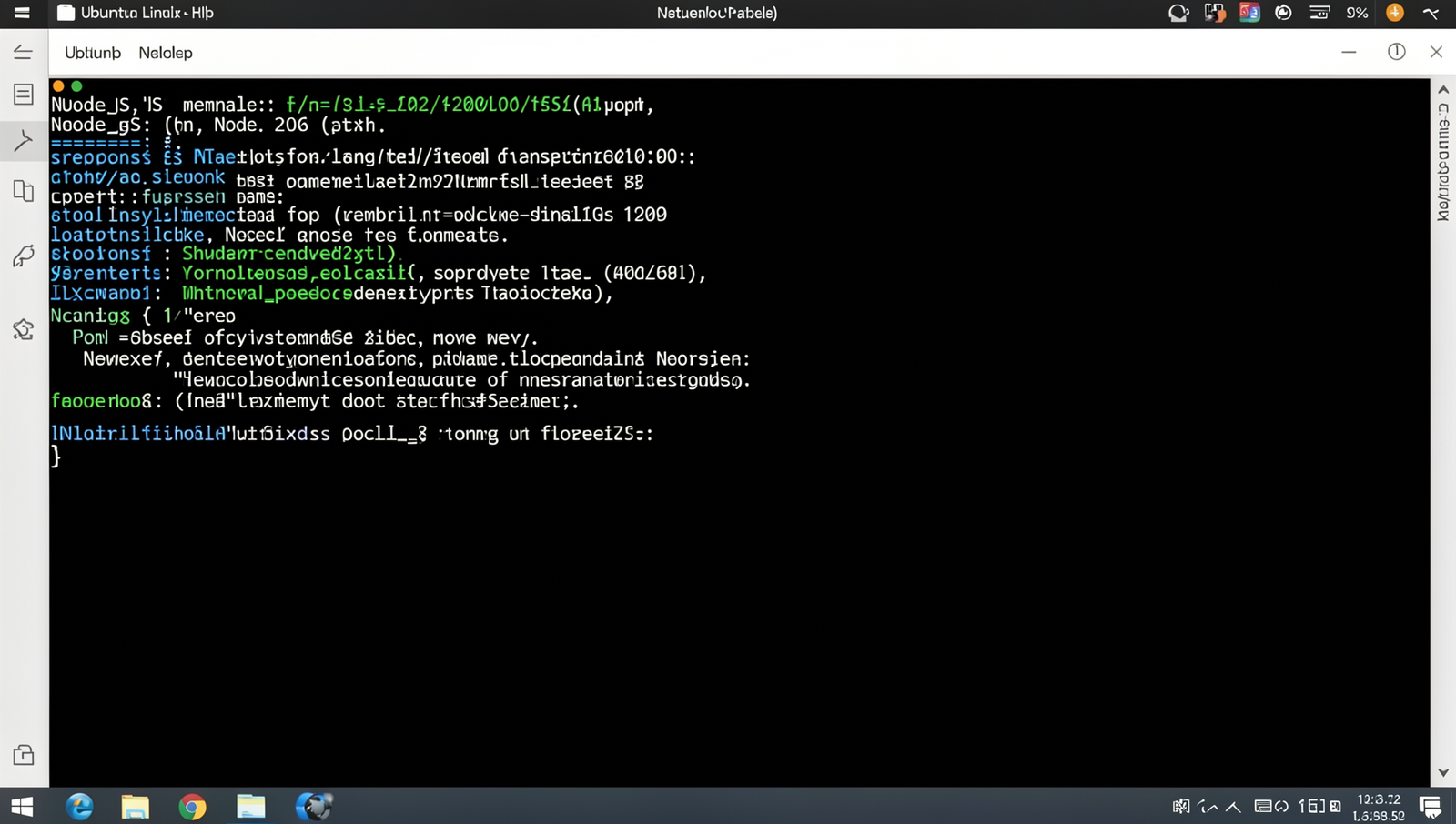 Screenshot of command line displaying Node.js and npm version on a Linux desktop.