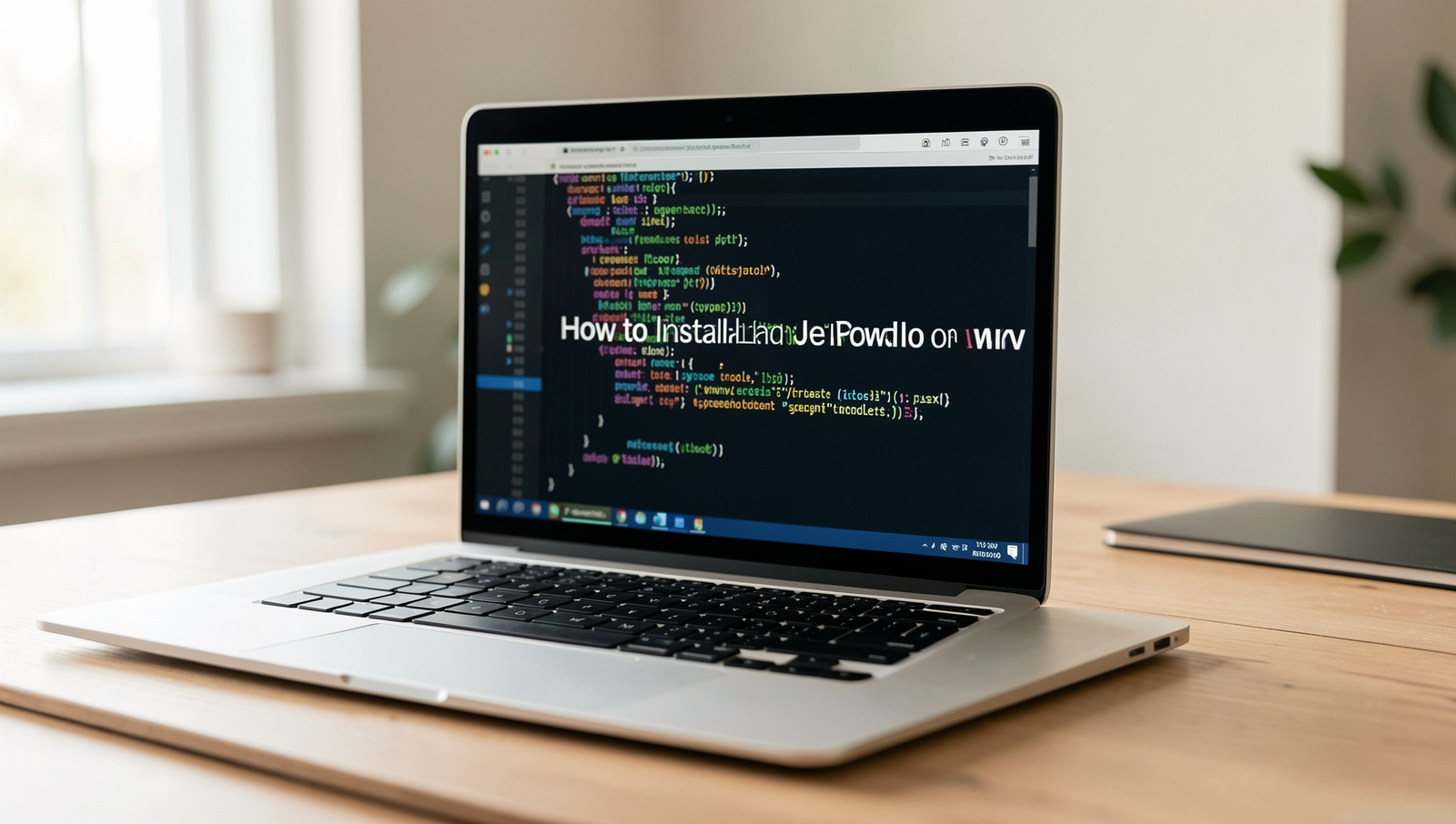 A professional setup showing a laptop with Python code on screen in a bright workspace.
