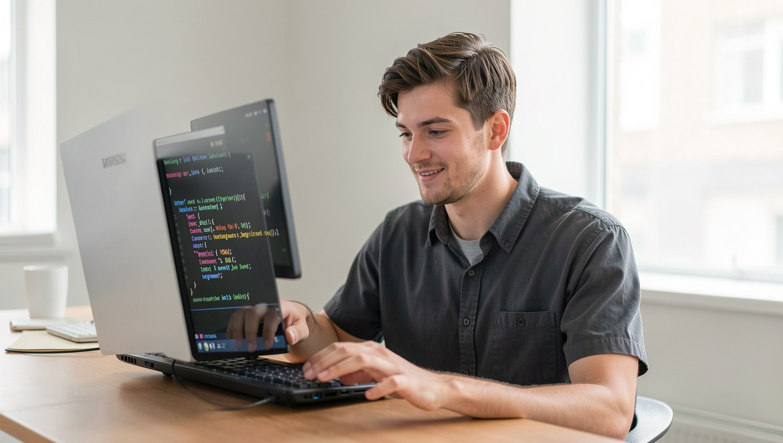 Beginner programmer studying Java and Python with books and a laptop.