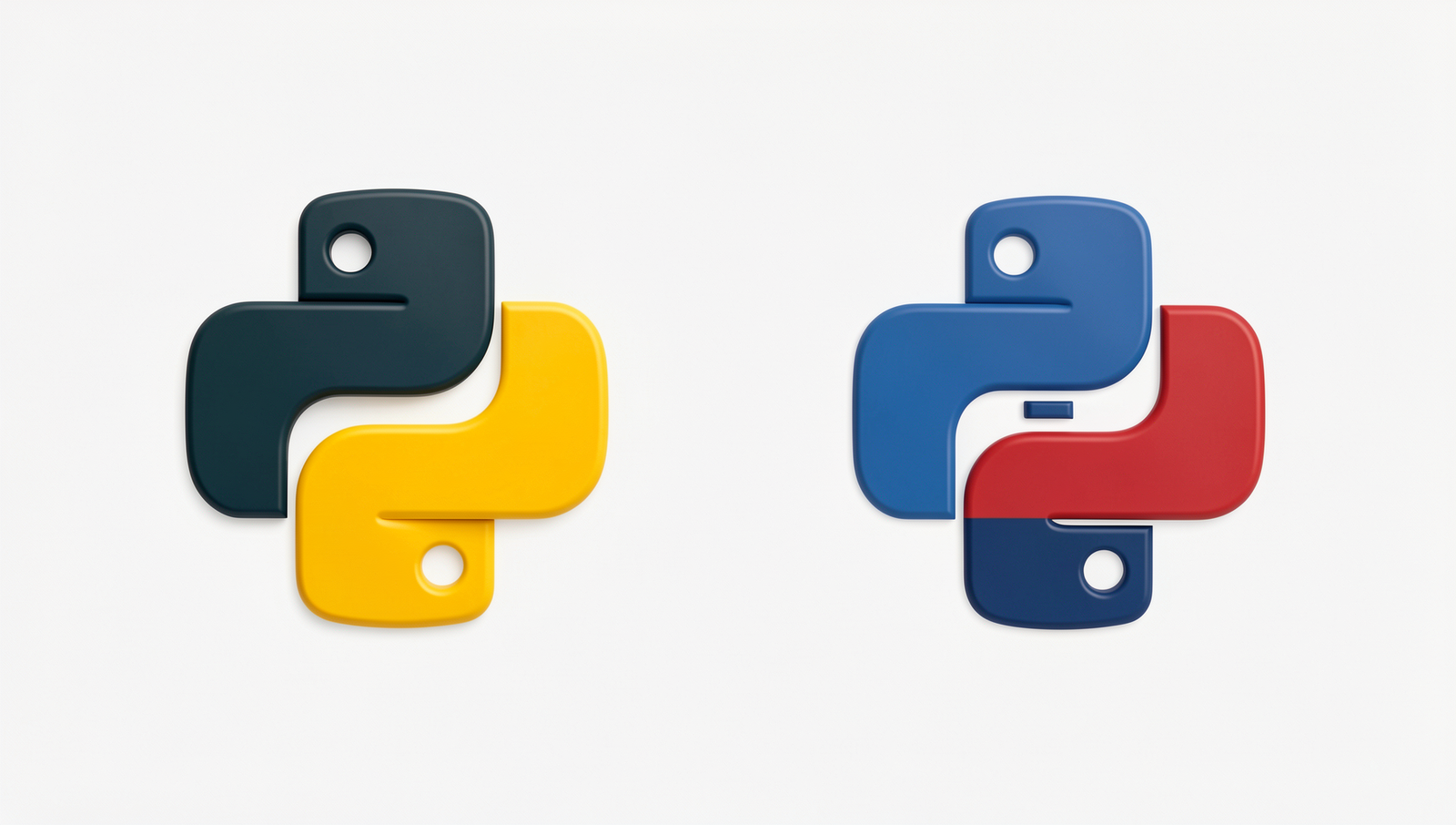 Side-by-side comparison of Python and JavaScript logos in a photorealistic style.
