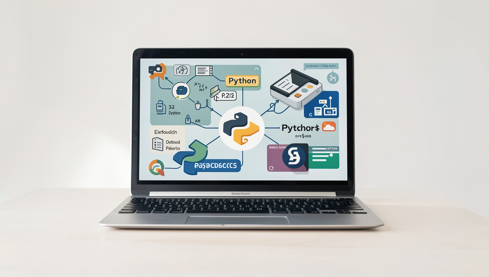 Illustration showing various applications of Python and JavaScript in technology.