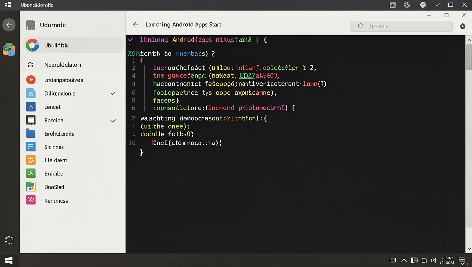 Launching Android apps from a Linux desktop Start menu with realistic UI.
