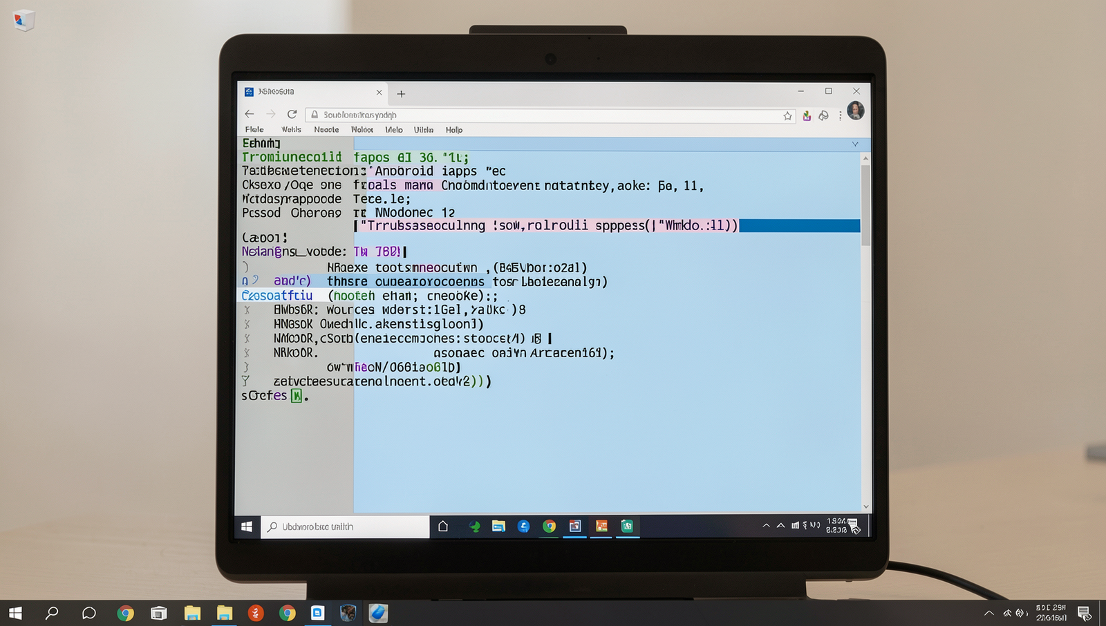 Photorealistic image of troubleshooting Android apps on Windows 11 with a Linux desktop UI.