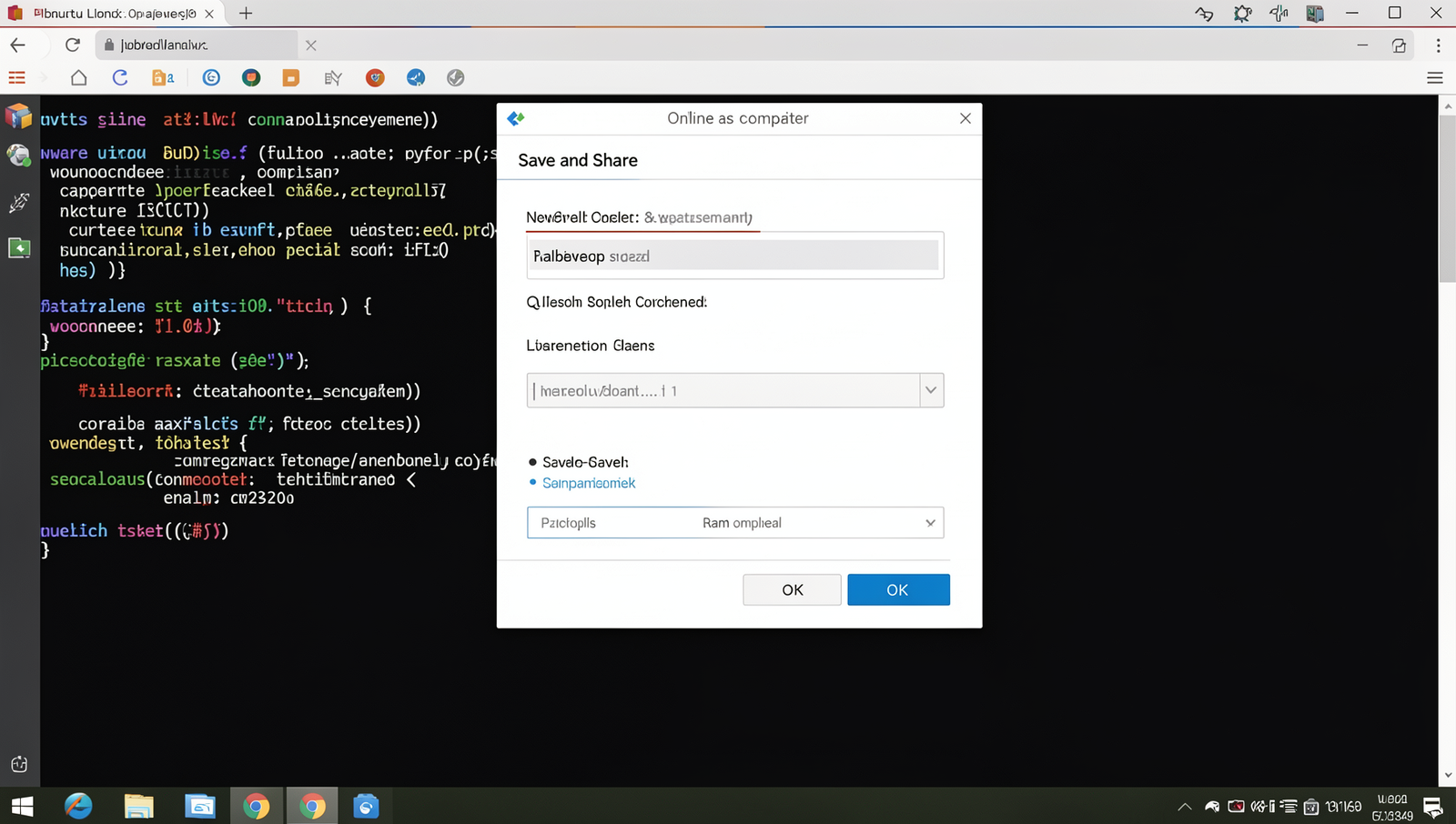 Screenshot of save and share options in an online compiler on a Linux desktop.