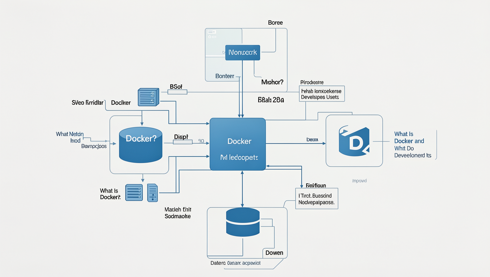 Detailed illustration of Docker architecture and components in natural lighting.