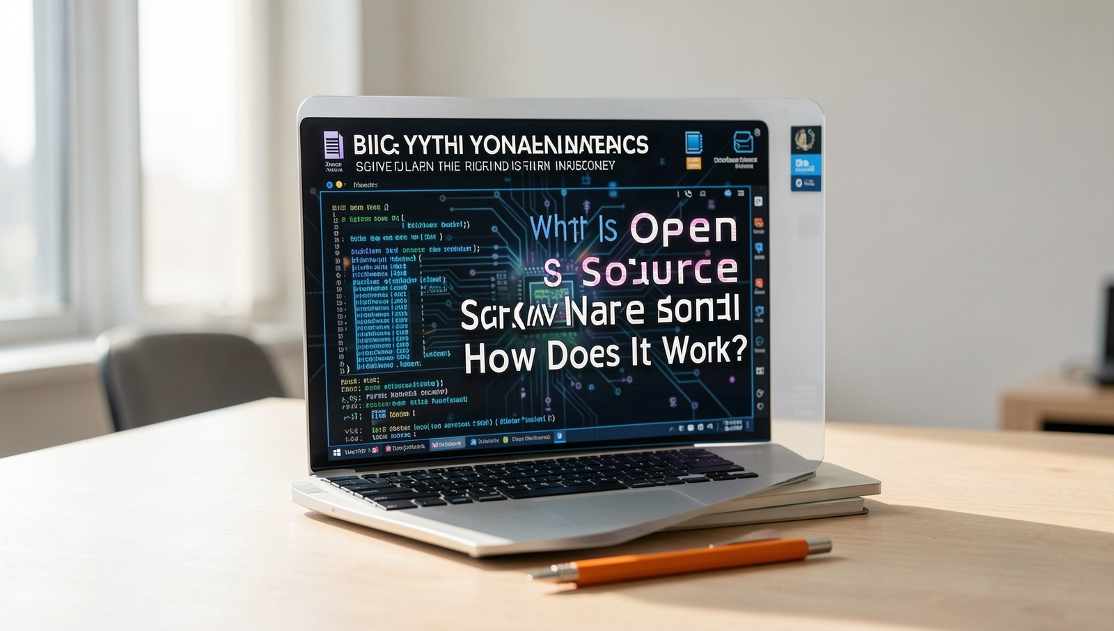 A detailed scene illustrating open source software concepts in a tech environment.