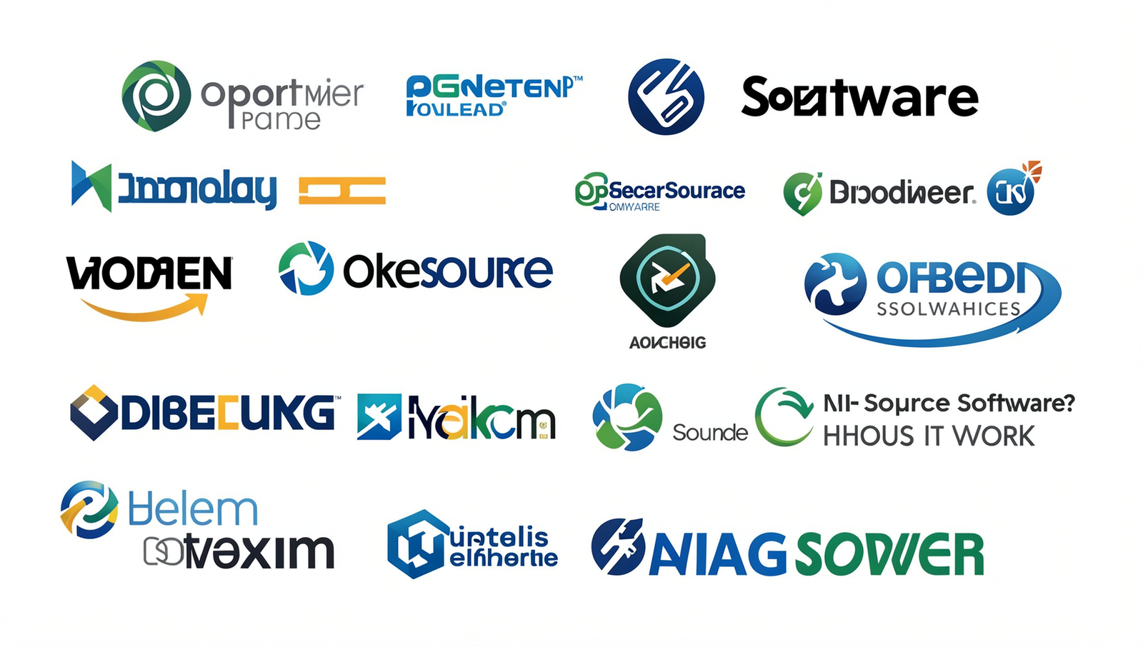 Collage of logos from popular open source software in a photorealistic style.