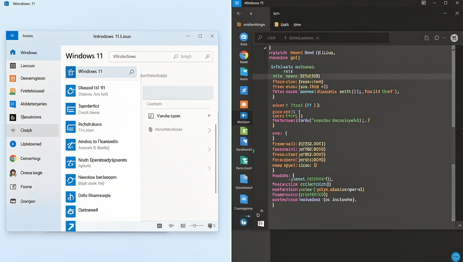 Split-screen image of Windows 11 interface and Linux desktop environment.