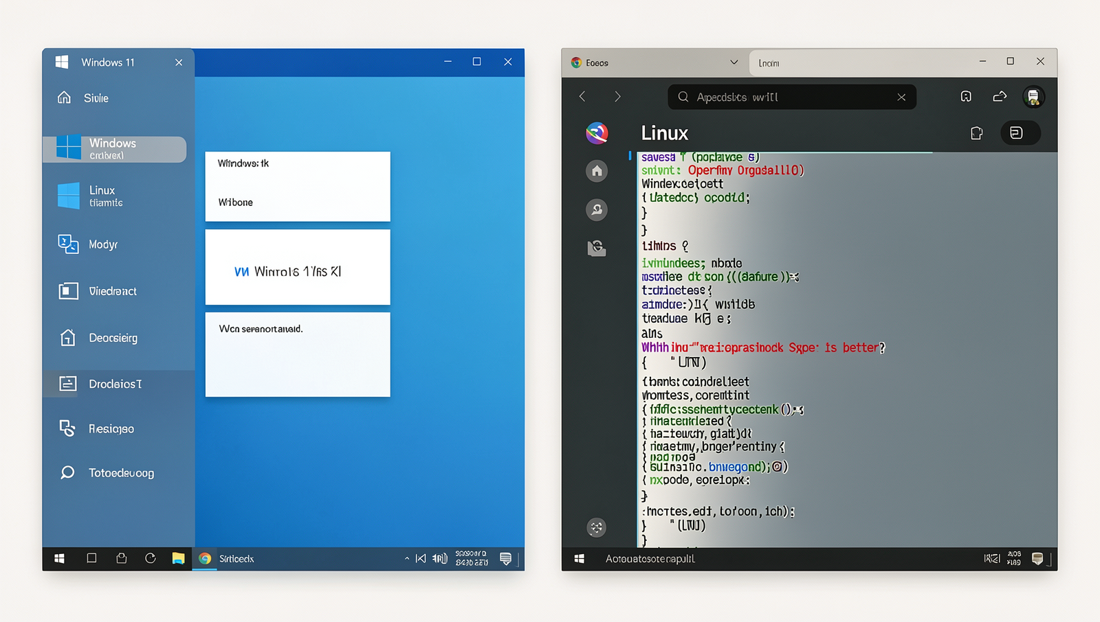 Comparison of Windows 11 and popular Linux distribution user interfaces.