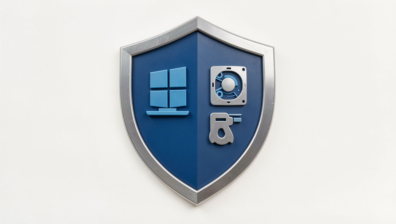 A detailed shield symbolizing security, featuring elements of Windows 11 and Linux.