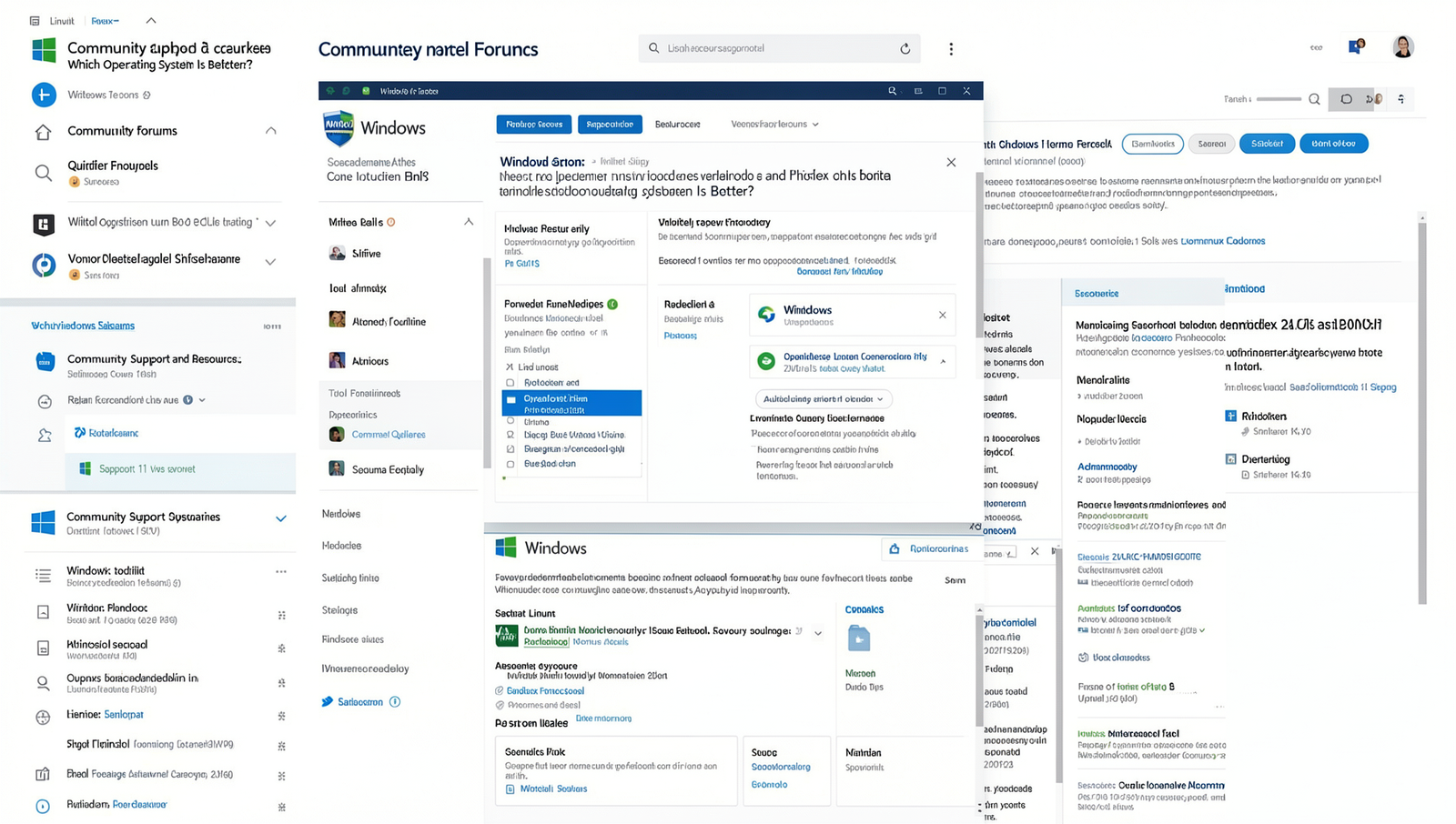 Collage of community forums and support resources for Windows and Linux operating systems.